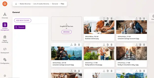 A Kentico website dashboard displaying a variety of images in a grid layout, showcasing diverse content and visual elements.