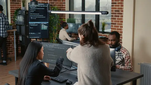 A group of professionals focused on their computers in a modern office environment, collaborating on various tasks.