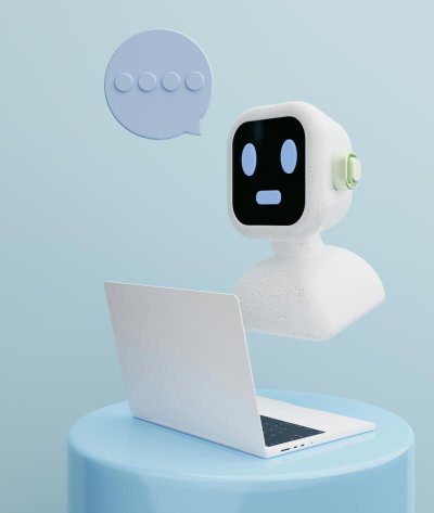 Modern white robot holding laptop, speech bubble, against blue backdrop, representing innovation.