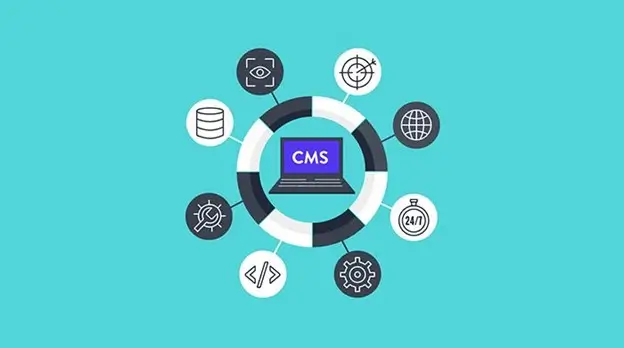 An image depicting CMS code encircled by various icons representing web development tools and technologies.