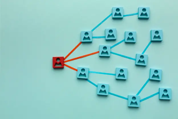 A visual representation of individuals interconnected by red lines, symbolizing a network of relationships and communication.