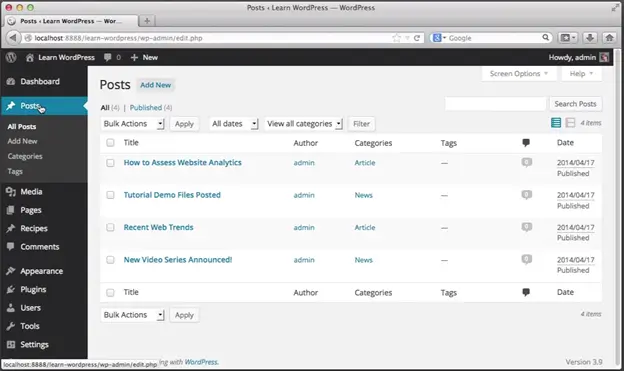 Screenshot of the WordPress dashboard displaying various site management tools and options for users.